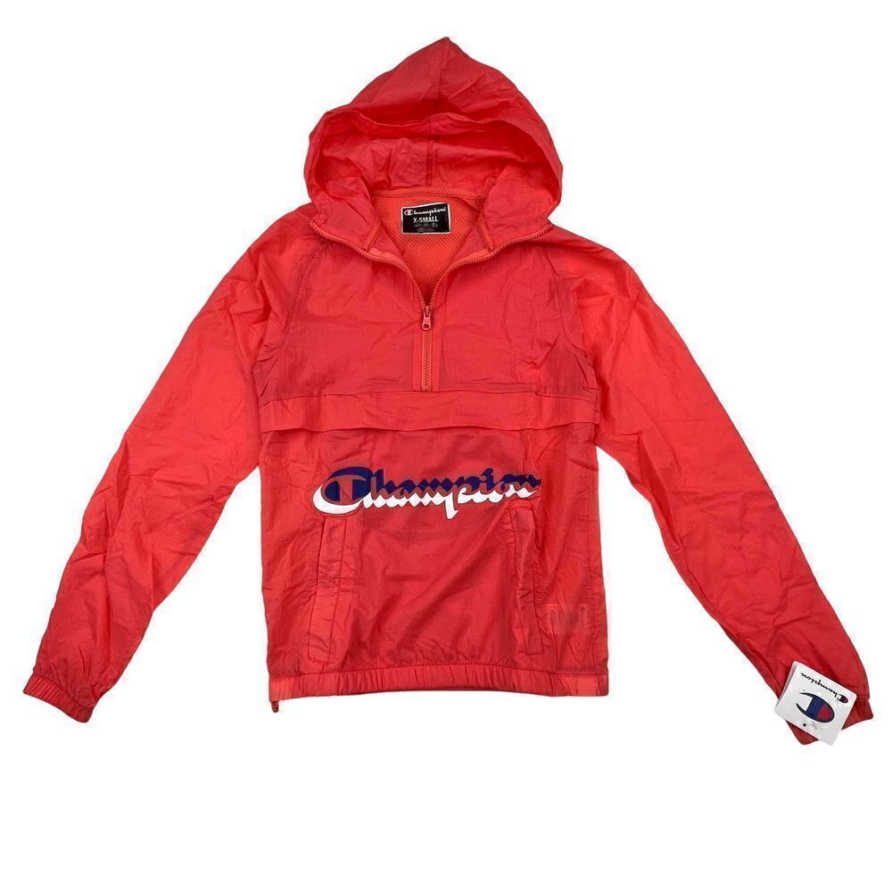 New Champion Men Unisex Red Anorak Hood Windbreaker Long Sleeve Pullover US XS